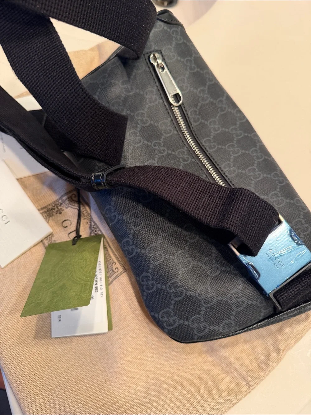 Gucci Black GG Supreme Canvas Belt Bag with Leather Trim